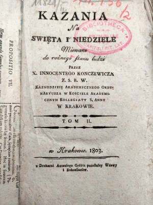 X. Innocenty Konczewicz - Sermons for Sundays and Holy Days T.II -Krakow 1803.
