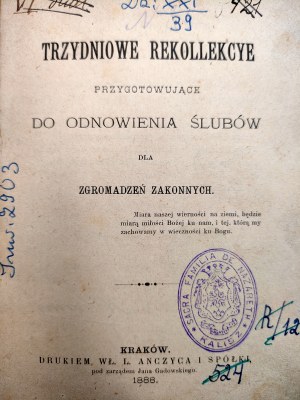 Three-day retreat preparing for the renewal of vows for religious congregations - Krakow 1888 [ Kalisz stamp ].