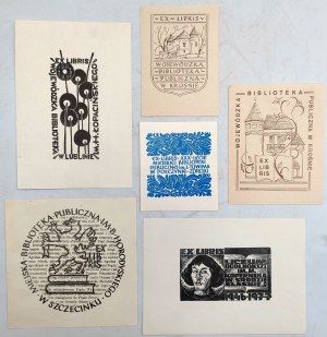 A collection of 6 Library exlibrises from the 1970s - [ Połczyn, Krosno, Lublin, Szczecinek, Środa Śląska by Zygmunt Acedański].