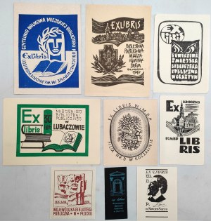 Collection of Library Exlibrises from the 1970s - [Wolsztyn, Krosno, Klodzko, Koszalin, Nowy Sącz, Olsztyn, Plock, Lubaczow, Srem, Nysa ].