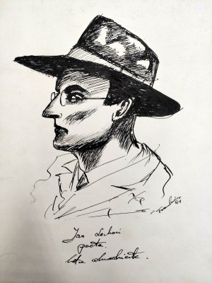 Portrét Jana Lechońe - tuš, signováno Jan Lechoń , 20. léta 20. století [ Skamander ].