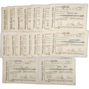 Zbiór 16 dowodów uiszczenia opłaty za polisę w Towarzystwie Imienia Gizeli - Wiedeń, - Kraków 1909 - 1911
