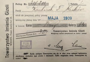 Collection of 16 proofs of payment of policy fee at the Society of the Name of Gizela - Vienna, - Cracow 1909 - 1911