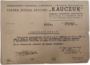 Zaświadczenie o zatrudnieniu w fabryce wyrobów gumowych KAUCZUK w Bydgoszczy - Bydgoszcz 1947
