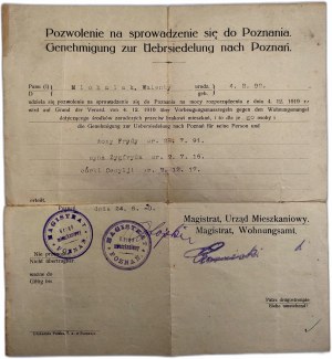 Permission to move to Poznań - Magistrate, Housing Office - Poznań 1920