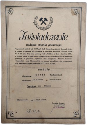 Zaświadczenie nadania III stopnia górniczego - Chruszczów 1951 [ Dyplom, górnictwo]