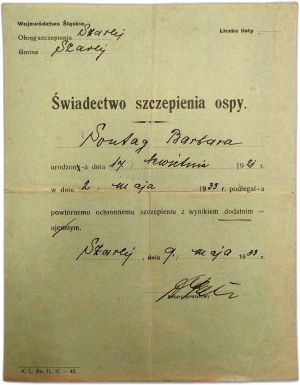 Osvědčení o očkování proti neštovicím - Szare [ Slezské vojvodství], 9. května 1933