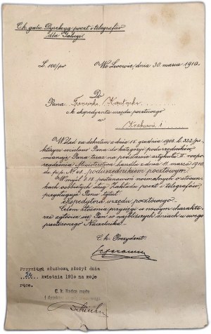 Copy from the Records of the Directorate of Posts and Telegraphs on incorporation as postal sub-officials - Lviv 1910