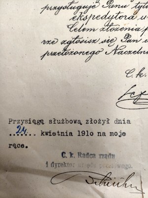 Copy from the Records of the Directorate of Posts and Telegraphs on incorporation as postal sub-officials - Lviv 1910