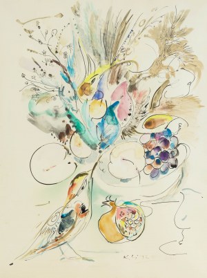 Ludwik Klimek (1912 Skoczów - 1992 Nicea), Martwa natura z ptakiem i owocem granatu, 1972 r.