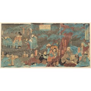 Utagawa YOSHITSUYA (1822-1866), Rabusie spiskujący przeciw braciom Kaneuri. Historia Ushiwakamaru i Kumasaka Chôhan - tryptyk