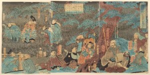 Utagawa YOSHITSUYA (1822-1866), Loupežníci spřádající plány proti bratrům Kaneuriovým. Příběh Ušiwakamarua a Kumasaky Čóhana - triptych