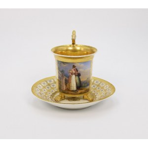 Jasmin cup with miniature: two women in a landscape, with saucer