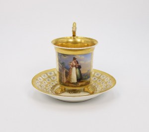 Jasmin cup with miniature: two women in a landscape, with saucer