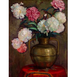 Wilhelm Wachtel (1875-1942), Bouquet di peonie in un vaso di ottone.