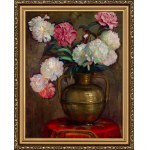 Wilhelm Wachtel (1875-1942), Bouquet di peonie in un vaso di ottone.