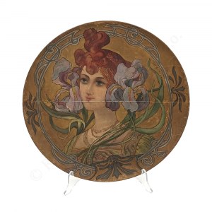 Art Nouveau platter with a woman and irises,