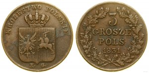 Poland, 3 Polish pennies, 1831 KG, Warsaw