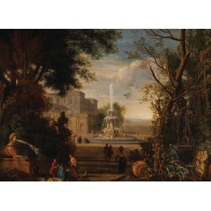 Isaac de MOUCHERON, A VIEW OF A DECENT RESIDENCE IN A PARK WITH A FONTNA AND SCULPTURES