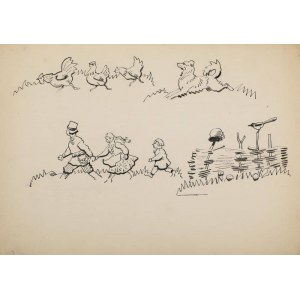 Karol KOSSAK, HENS AND CHILDREN, pen, paper; 25 x 35 cm