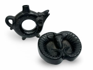 Candle holder and bowl. Images of a ram and a bull. Regional ceramics, 1st half of 20th century. Hungary or Romania.