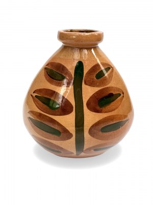 Ceramic vase with leaf. 1970s, Europe.