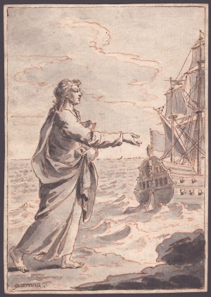 Pietro Antonio Novelli (Venezia 1729-Venezia 1804). Figura in un paesaggio marino con barca