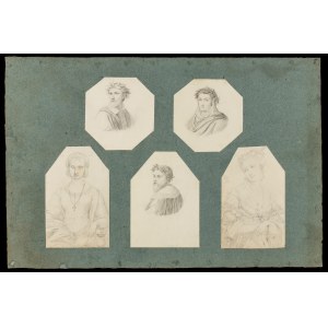 Giovanni Andrea Darif (Venise 1801-Vénétie 1870). Série de cinq portraits : trois poètes couronnés de lauriers et deux figures féminines.