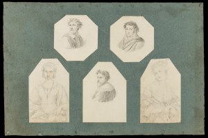 Giovanni Andrea Darif (Venezia 1801 - Venezia 1870). Série pěti portrétů: tři básníci s vavřínovými korunami a dvě ženské postavy