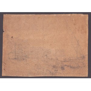 Blick auf einen Hafen mit Booten, neunzehntes Jahrhundert