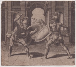 Maestro del Dado (1530-1560 fl.). Zwei Gladiatoren im Kampf