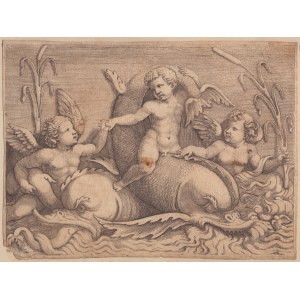 Adamo Scultori (1530-1585). Trois putti avec des monstres marins