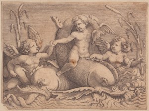 Adamo Scultori (1530-1585). Trois putti avec des monstres marins