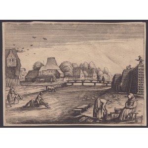Landschaft mit Häusern und Figuren, anonymer flämischer Kupferstecher aus dem 17.