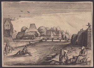 Landscape with houses and figures, anonymous 17th century Flemish engraver