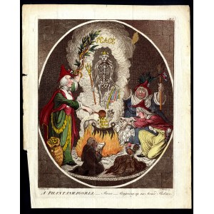James Gillray (1756-1815). Zur Phantasmagorie; -Szene- Beschwörung eines bewaffneten Skeletts