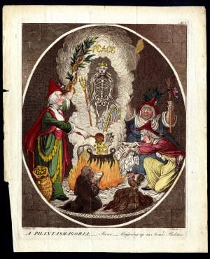James Gillray (1756-1815). K Fantasmagorii; -scéna- Vyčarování ozbrojeného kostlivce