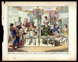 James Gillray (1756-1815). NOWA I ELEGANCKA KLATKA ŚWIĘTEGO GILESA. Wzniesiona celowo dla Towarzystwa Teatralnego Dillitanti. Akwaforta 26,0x 20,5 cm