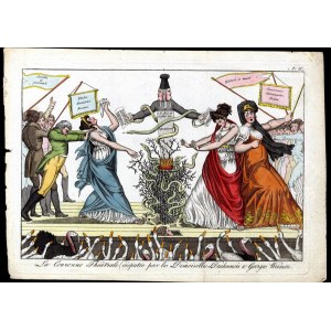 James Gillray (1756-1815). La Couronne Théatrale contestée par les Demoiselles Duchesnois &amp; Georges Weimer