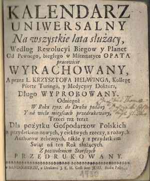 Univerzální kalendář pro všechny roky sloužící podle otáčení ozubených kol y Planet.... Sandoměř [1750].