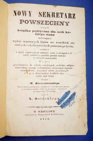 KORZENIOWSKI NUOVO SEGRETARIO UNIVERSALE - LETTERE ESEMPLARI, WROCŁAW 1843