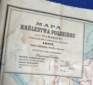 1907 Carta del Regno di Polonia con indicazione delle strade ferrate, battute e ordinarie