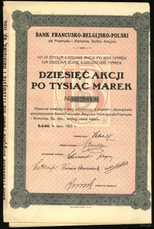 Pologne, 10 actions au porteur de 1 000 marks chacune, juillet 1923, Łódź
