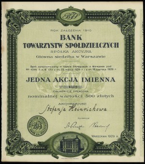 Polonia, azione nominativa per 500 zloty, 1929, Varsavia