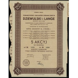 Pologne, 5 actions à 250 zlotys chacune = 1 250 zlotys, 1937, Varsovie