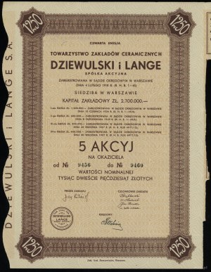 Polonia, 5 azioni da 250 zloty ciascuna = 1.250 zloty, 1937, Varsavia