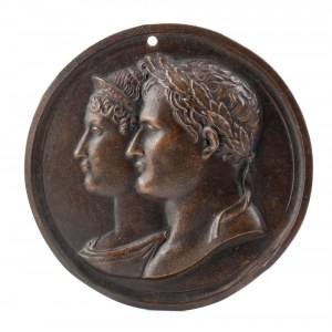 Medalion z brązu z podwójnym popiersiem Napoleona i Józefiny w płaskorzeźbie