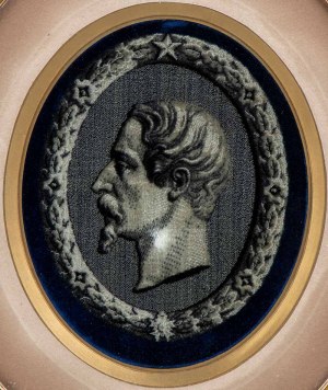 Oval portrait of Napoleon III printed on fabric, in a contemporary frame