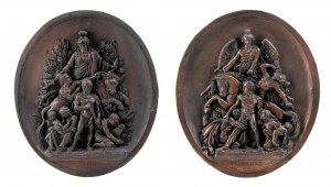 paire de plaques en cuivre représentant la résistance 1814 et la paix 1815.