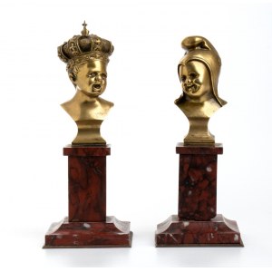 coppia di busti allegorici rappresentanti la repubblica e il regno in bronzo su marmo